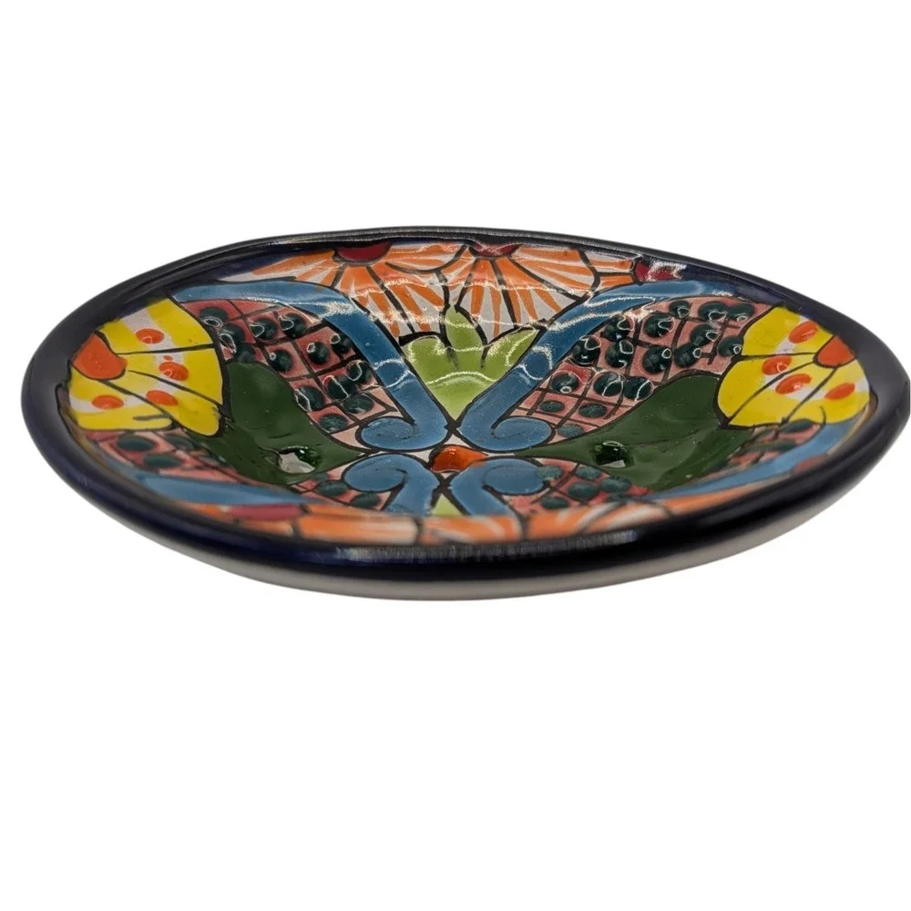 Mexican Hand Painted Soap Dish Red Clay Decorative Multicolors Folk Art